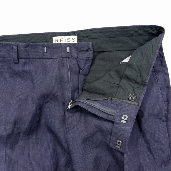 Reiss Asher T Linen Pants Navy Blue Plaid Mens Sz 34 Preppy Academia - Picture 3 of 10